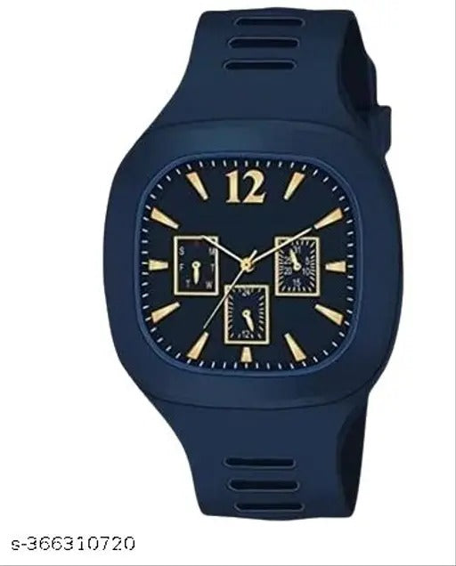 Stylish Black Silicone Strap Watch for Men with Square Dial  - Blue
