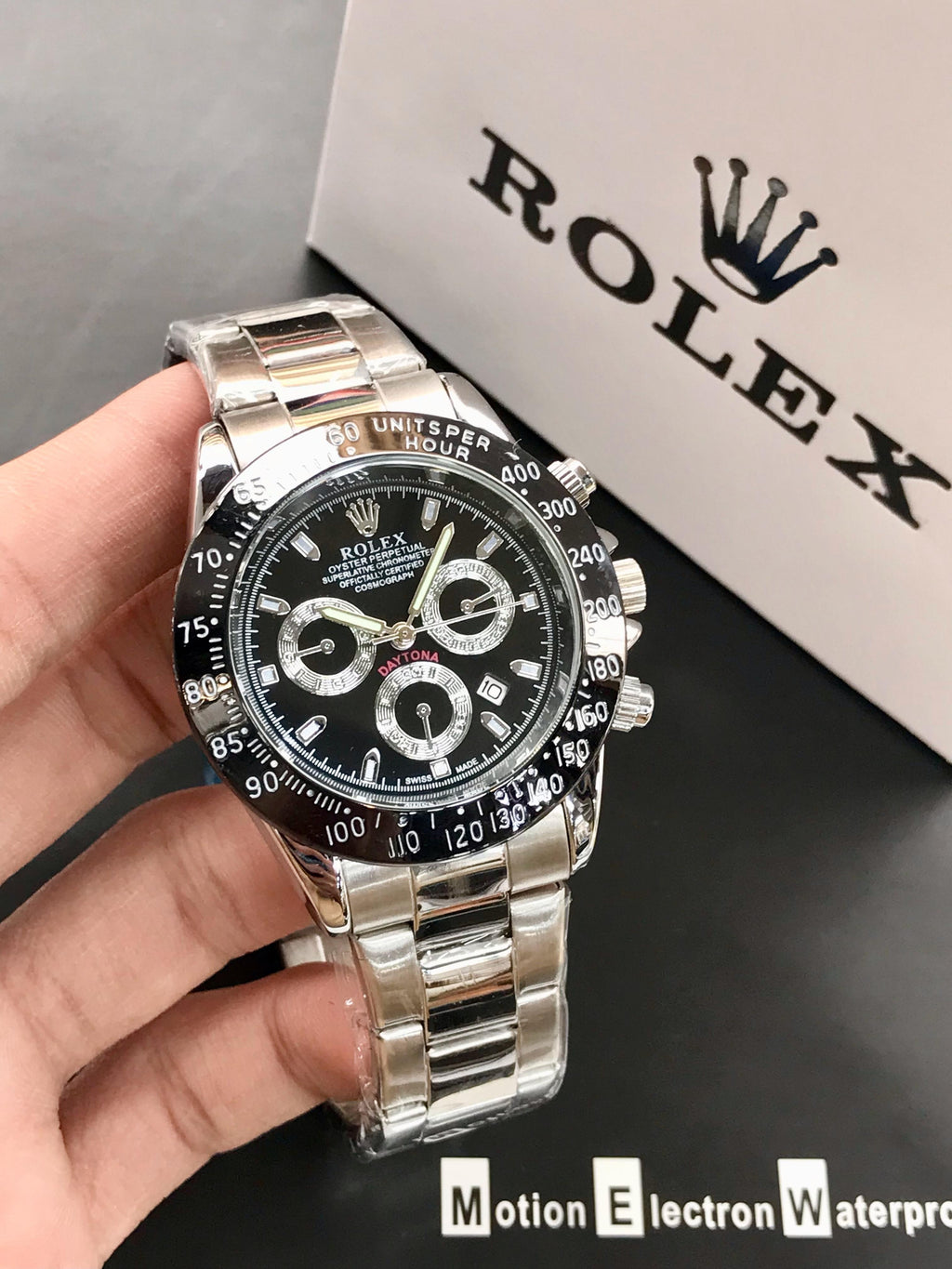 Rolex Daytona Rotating Bezel Quartz Machine | Quartz Chronograph Movement Silver Stainless Steel Strap Watch With Master Lock For Men ( Without Box ) - Black Dial