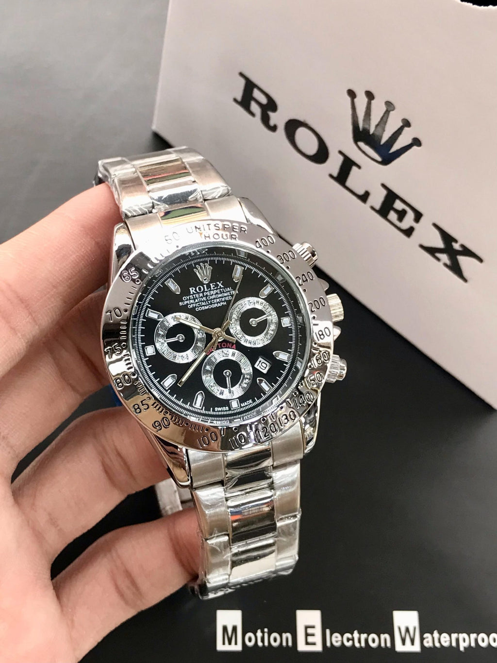 Rolex Daytona Rotating Bezel Quartz Machine | Quartz Chronograph Movement Silver Stainless Steel Strap Watch With Master Lock For Men ( Without Box ) - Black Dial